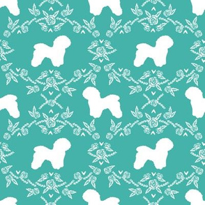 Bichon Frise floral silhouette dog fabric pattern turquoise