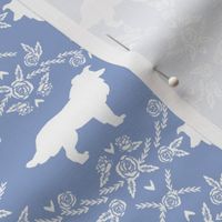 Border Collie floral silhouette dog fabric pattern cerulean