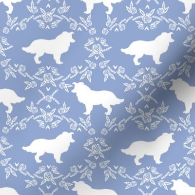 Border Collie floral silhouette dog fabric pattern cerulean