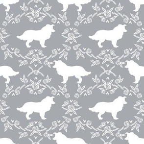 Border Collie floral silhouette dog fabric pattern grey