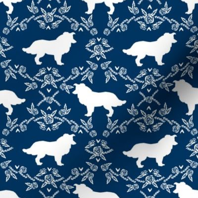 Border Collie floral silhouette dog fabric pattern navy