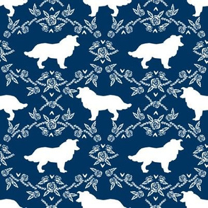 Border Collie floral silhouette dog fabric pattern navy