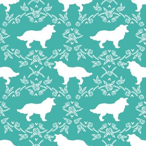 Border Collie floral silhouette dog fabric pattern turquoise