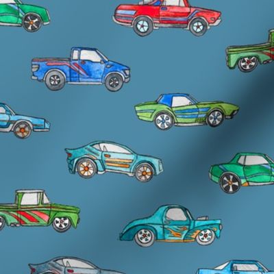 Little Toy Cars in Watercolor on Blue