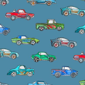 Little Toy Cars in Watercolor on Blue