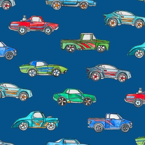 Little Toy Cars in Watercolor on Dark Blue