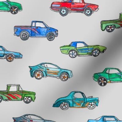 Little Toy Cars in Watercolor on Grey