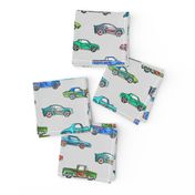 Little Toy Cars in Watercolor on Grey