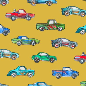 Little Toy Cars in Watercolor on Mustard