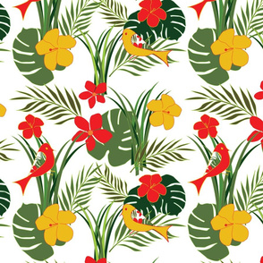 Tropical Birds and Flowers - Large - Fauna - Green - Red - Gold