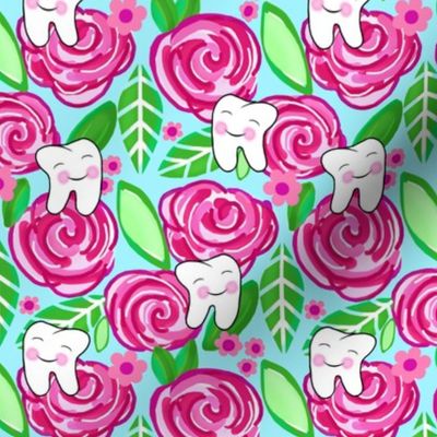 Blushing Tooth  and Shabby Pink Roses on Blue Med - Small 