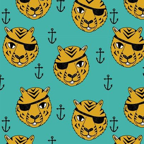 pirate tiger fabric // childrens kids design cute childrens character illustration by andrea lauren - yellow and turquoise