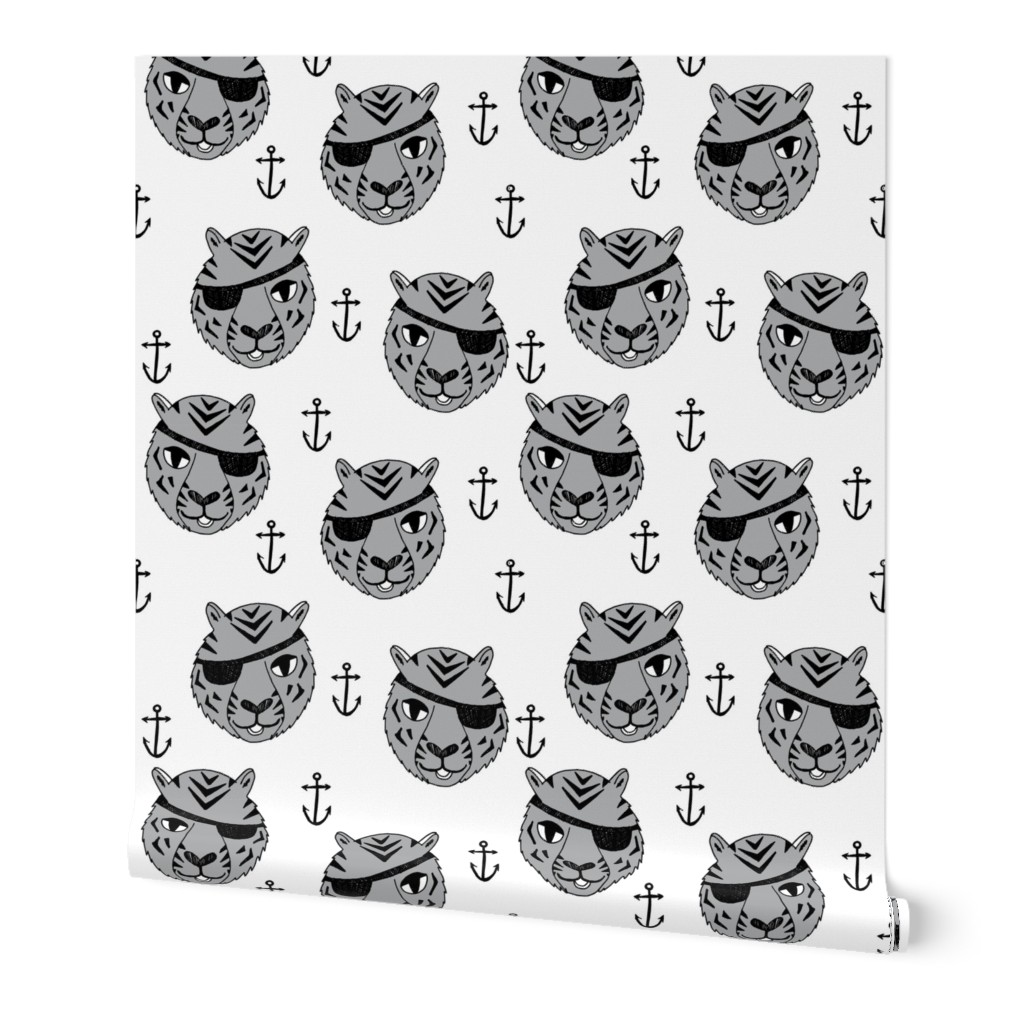 pirate tiger fabric // childrens kids design cute childrens character illustration by andrea lauren - grey