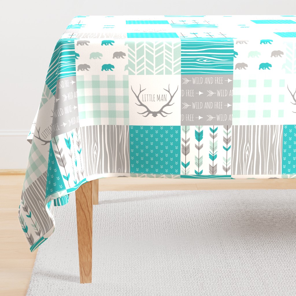Rotated - Wild and Free Little Man Quilt - teal, mint, gray and white