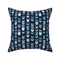 Arrow Feathers - smallscale - coral, grey and white on navy - SweetBrook