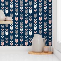 Arrow Feathers - smallscale - coral, grey and white on navy - SweetBrook