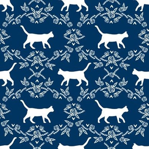 Cat florals silhouette cats pattern navy