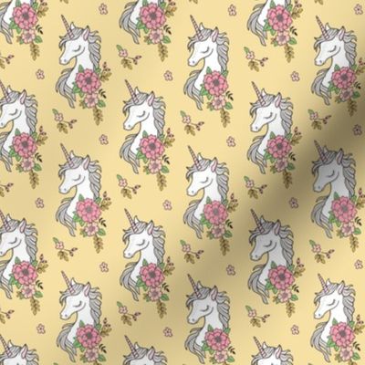 Dreamy Unicorn & Vintage Boho Flowers on  Yellow Smaller 2 inch