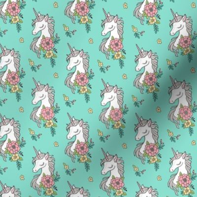 Dreamy Unicorn & Vintage Boho Flowers on Mint Smaller 2 inch