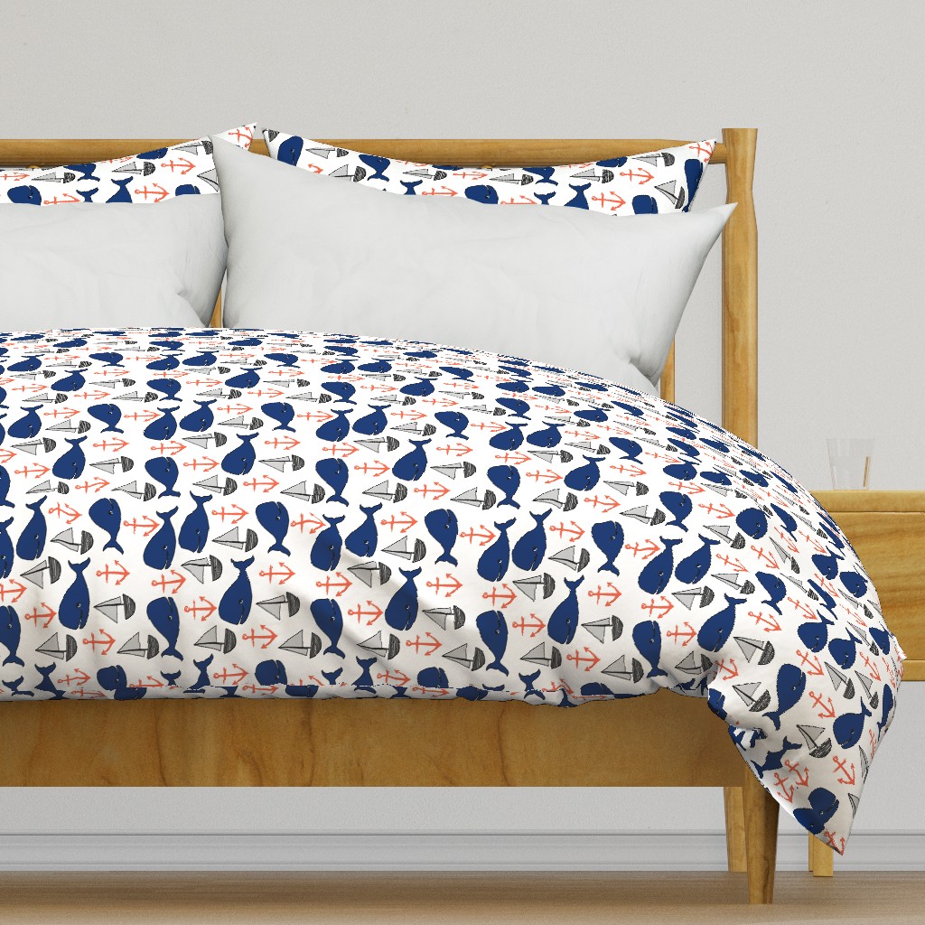 nautical whales // navy blue and orange kids fabric cute whales anchors sailboats andrea lauren fabric andrea lauren design 