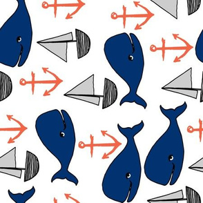 nautical whales // navy blue and orange kids fabric cute whales anchors sailboats andrea lauren fabric andrea lauren design 