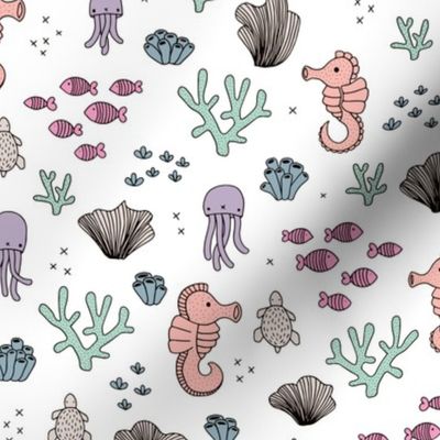 Adorable sea horse fish coral and jelly squid baby animals ocean dream girls