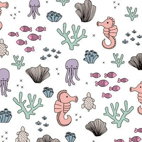 Adorable sea horse fish coral and jelly squid baby animals ocean dream girls