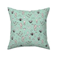 Adorable sea horse fish coral and jelly squid baby animals ocean dream mint