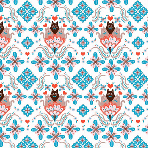 Folksy cats-cyan and red