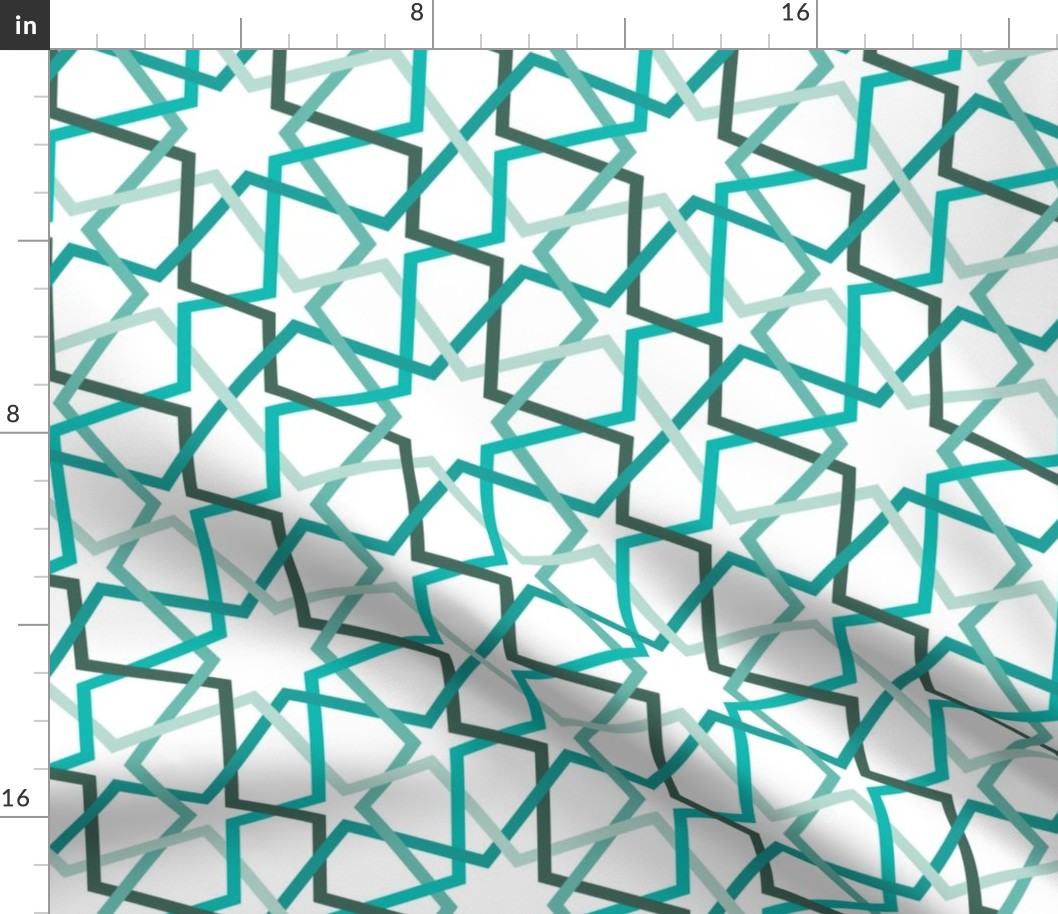 Fivefold geometric continuous line star pattern in teals