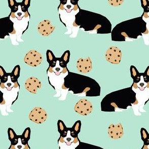 tricolored  corgi dog fabric dogs and cookies design - mint