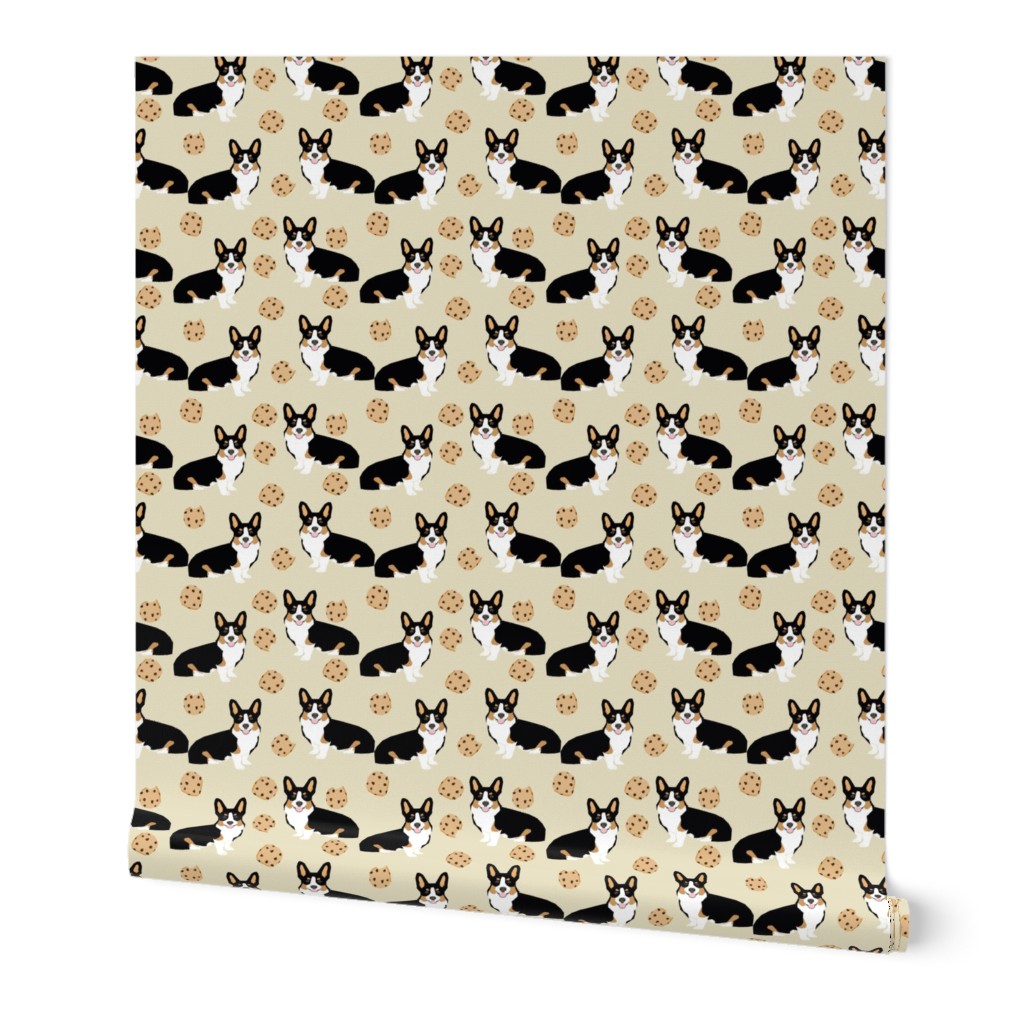 tricolored  corgi dog fabric dogs and cookies design - neutral