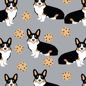 tricolored  corgi dog fabric dogs and cookies design -grey