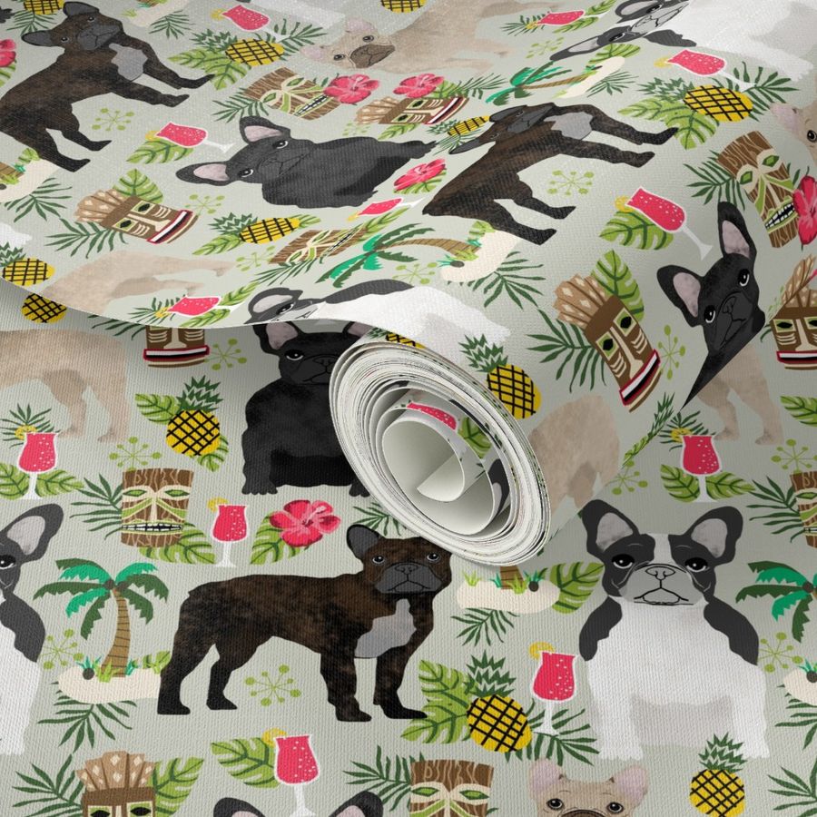 french bulldog tiki fabric summer islands tropical fabric - sand