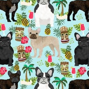 french bulldog tiki fabric summer islands tropical fabric - light blue