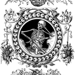 skeletons skulls rib cages floral flowers leaves children toddler kids child horn of plenty crosses crucifixes royal orb birds fruits bows death black white monochrome gothic victorian spooky horror macabre bizarre 