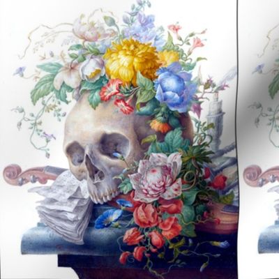 skulls skeletons flowers floral musical notes music sheets violin candlesticks candles hourglasses Chrysanthemums morning glory hibiscus colorful rainbow macabre spooky morbid eerie contrast