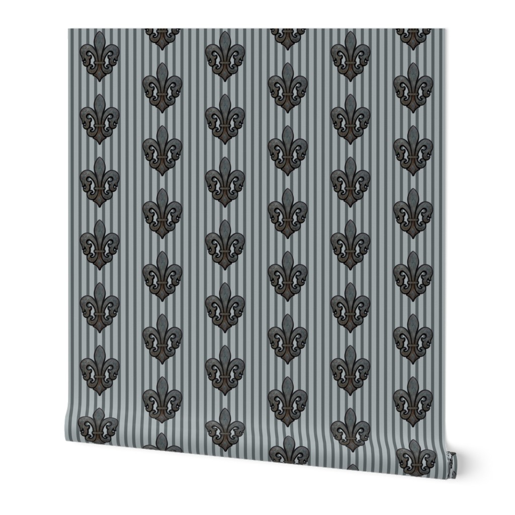 Fleur de Lis on Stripes in Gray