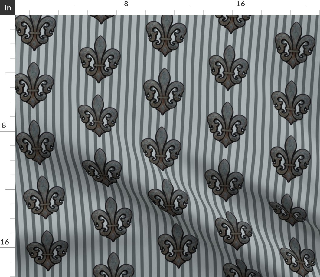 Fleur de Lis on Stripes in Gray