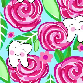 Blushing Teeth on Shabby Pink Roses / Blue Ground  