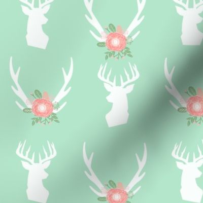 mint deer head antlers florals fabric