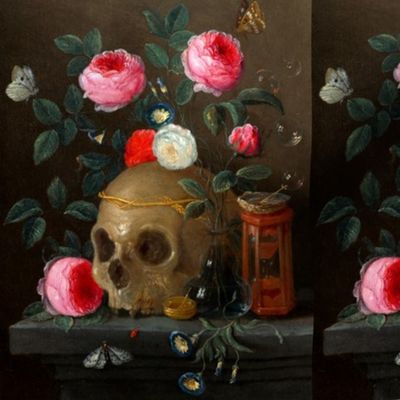 skulls skeletons bones flowers floral leaves roses Camellia Peony plants butterflies butterfly morning glory trumpet flower bubbles hourglasses vases insects vintage retro spooky macabre  gothic victorian