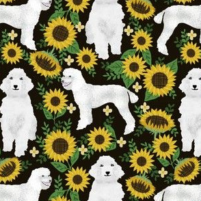 poodle fabric white poodles sunflowers design - black
