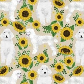 poodle fabric white poodles sunflowers design - sand
