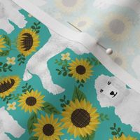 poodle fabric white poodles sunflowers design - turquoise