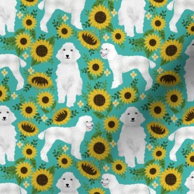 poodle fabric white poodles sunflowers design - turquoise