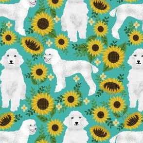 poodle fabric white poodles sunflowers design - turquoise