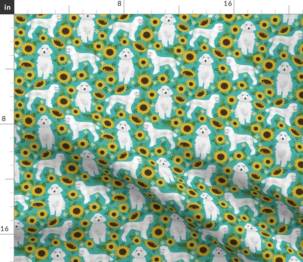 poodle fabric white poodles sunflowers design - turquoise