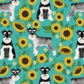schnauzer fabric dog and sunflower summer fabric - turquoise