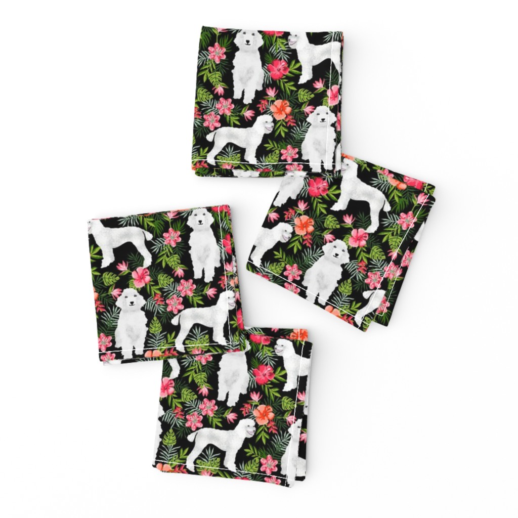 poodle fabric white poodle design hawaiian tropical design - black